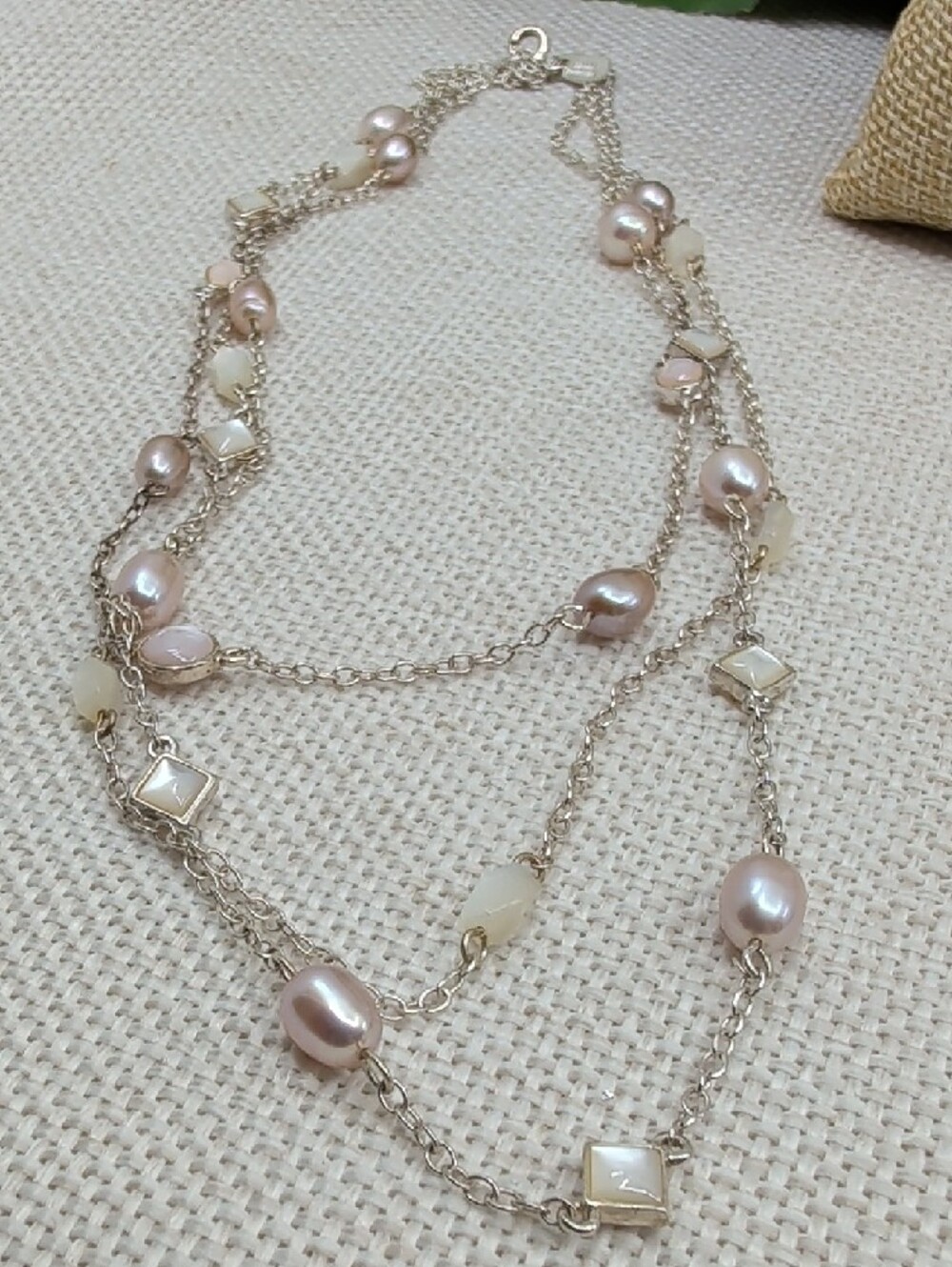 Vintage 925 Sterling Silver Pink Pearl Mother of Pearl Station Necklace 16-18"